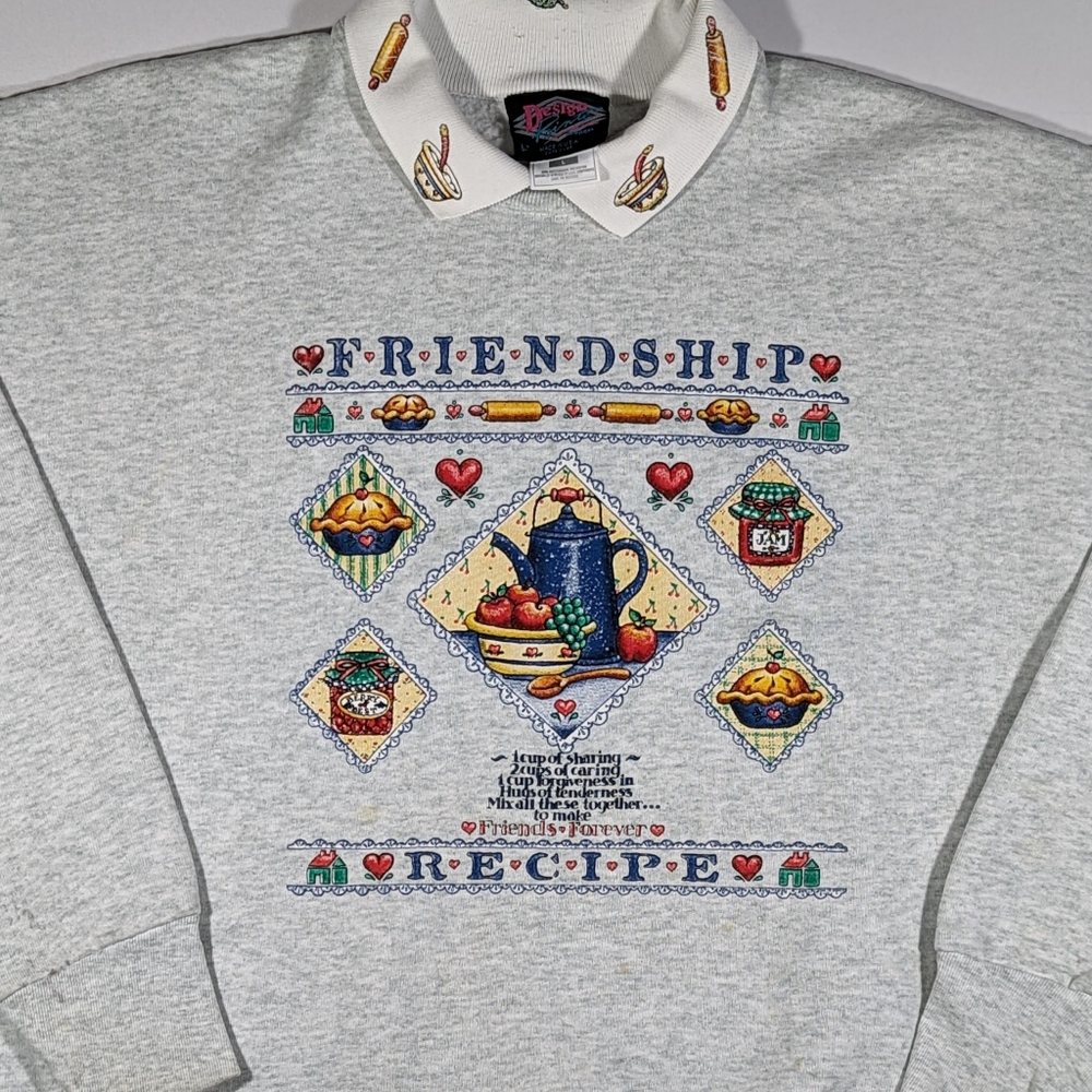 Vintage 90s Sz Large Friendship Recipe Collared Long Sleeve Sweatshirt - Picture 4 of 12